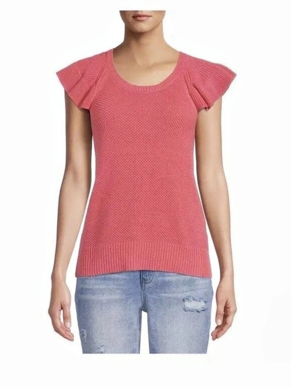 Time And Tru Womens Flutter Sleeve Sweater Salmon Pink Sz XS (0-2) Cotton Blend